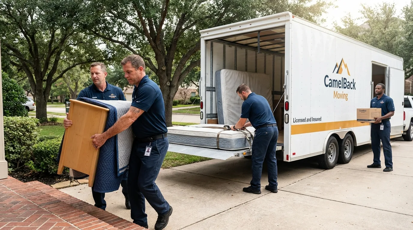 Crew loading residential truck for cross-state move from Minnewaukan, ND