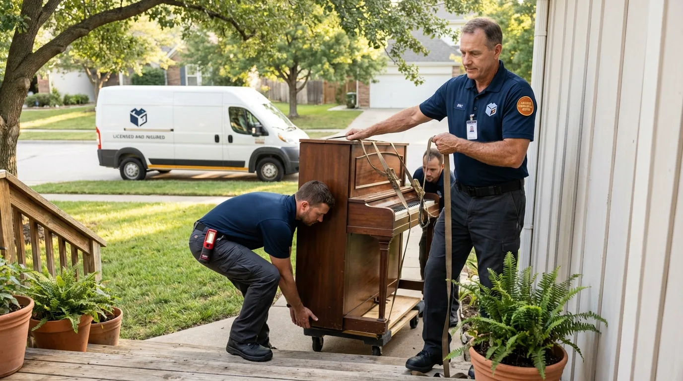Licensed piano movers securing grand piano in Minnewaukan, ND