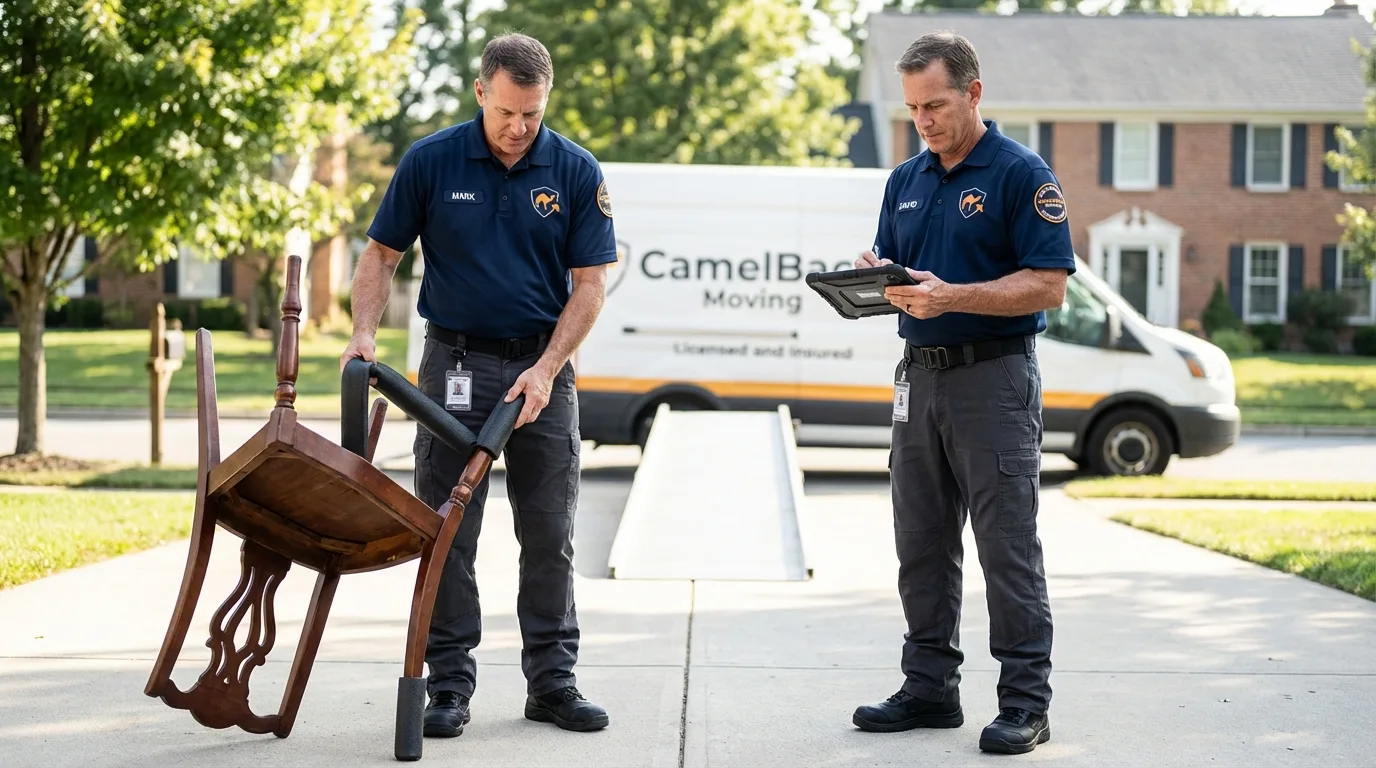Movers inspecting furniture for damage prevention before loading in Minnewaukan, ND