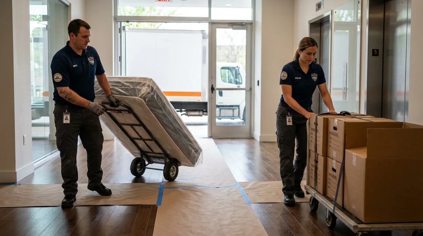Professional apartment movers loading elevator in Minnewaukan, ND